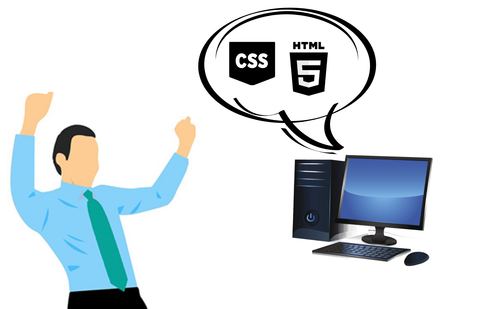 A satisfied businessman and a computer set with CSS and HTML5