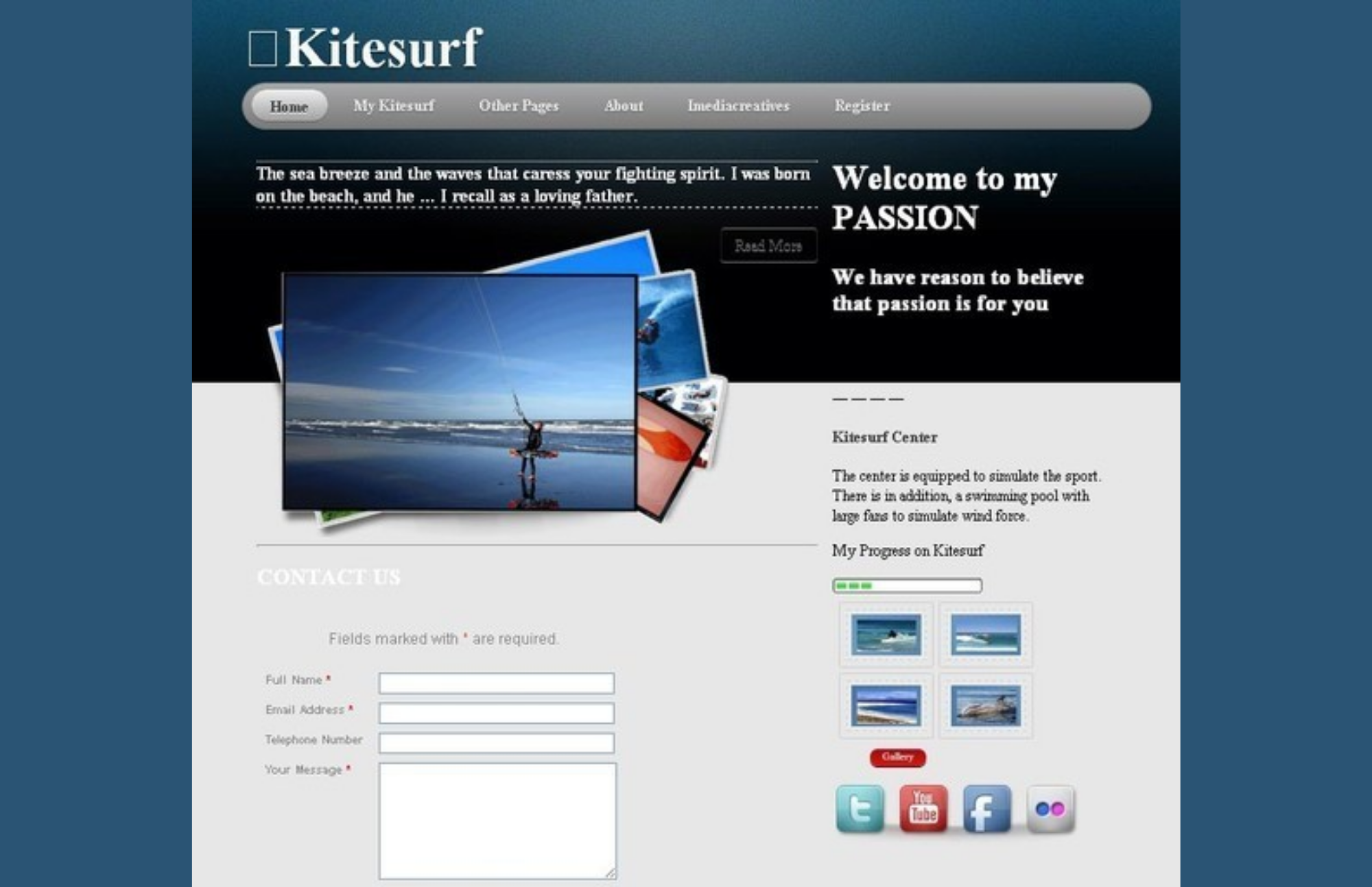 KiteSurf template's website with log-in boxes and other social media logos