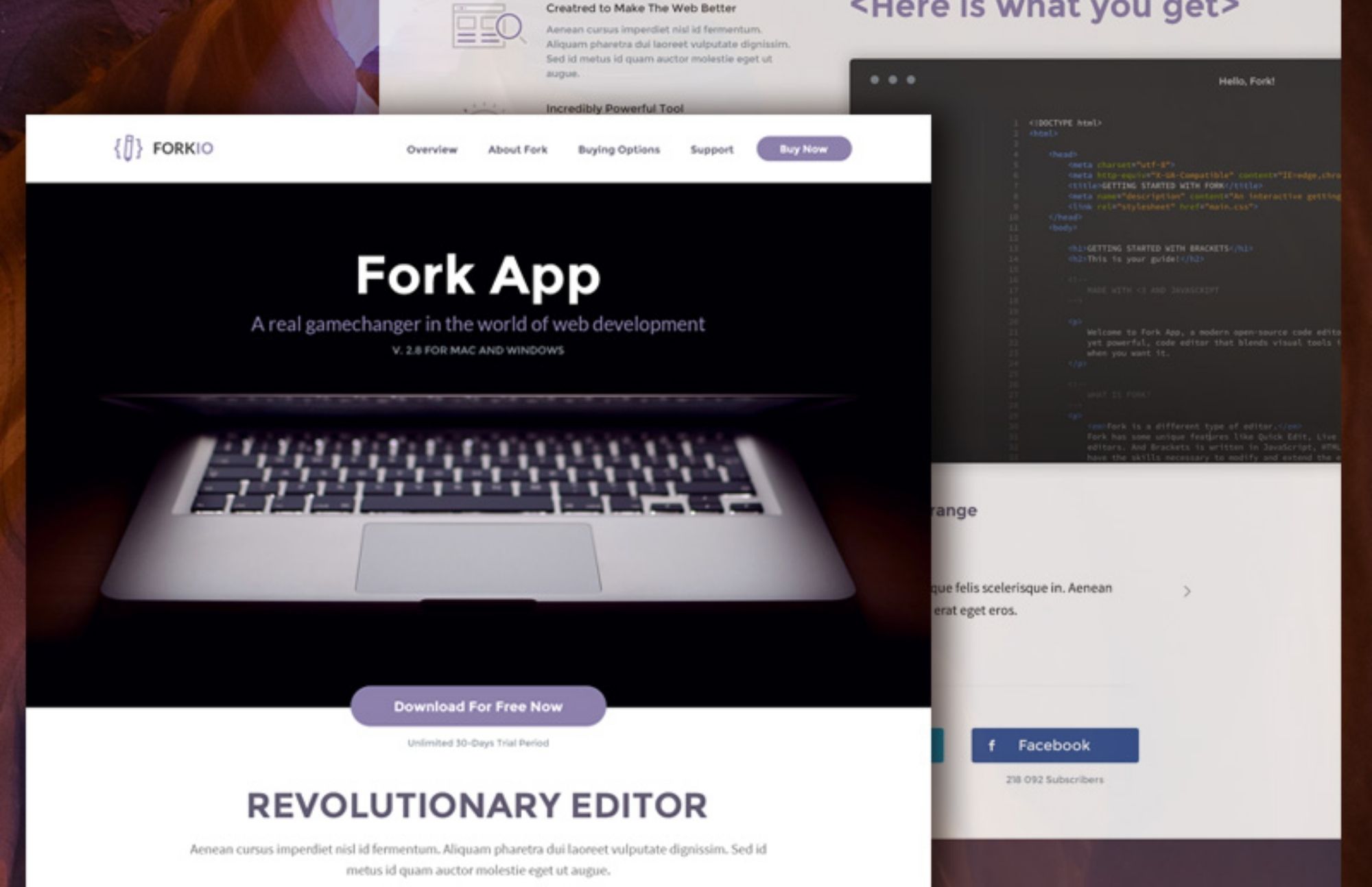 Forkio HTML Template in dark colors with a laptop in the center of the page