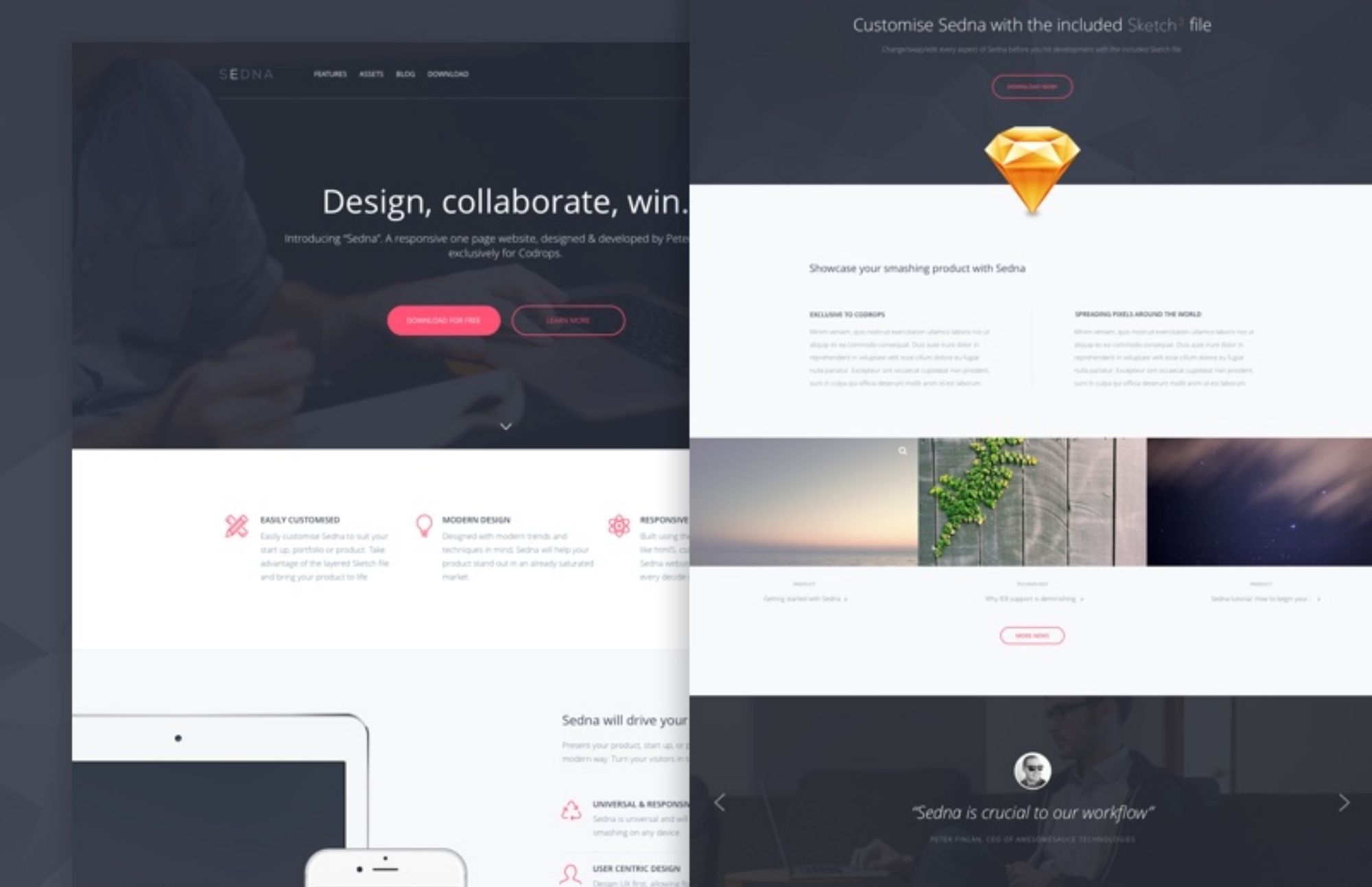 A homepage with Sedna design elements and a yellow diamond icon